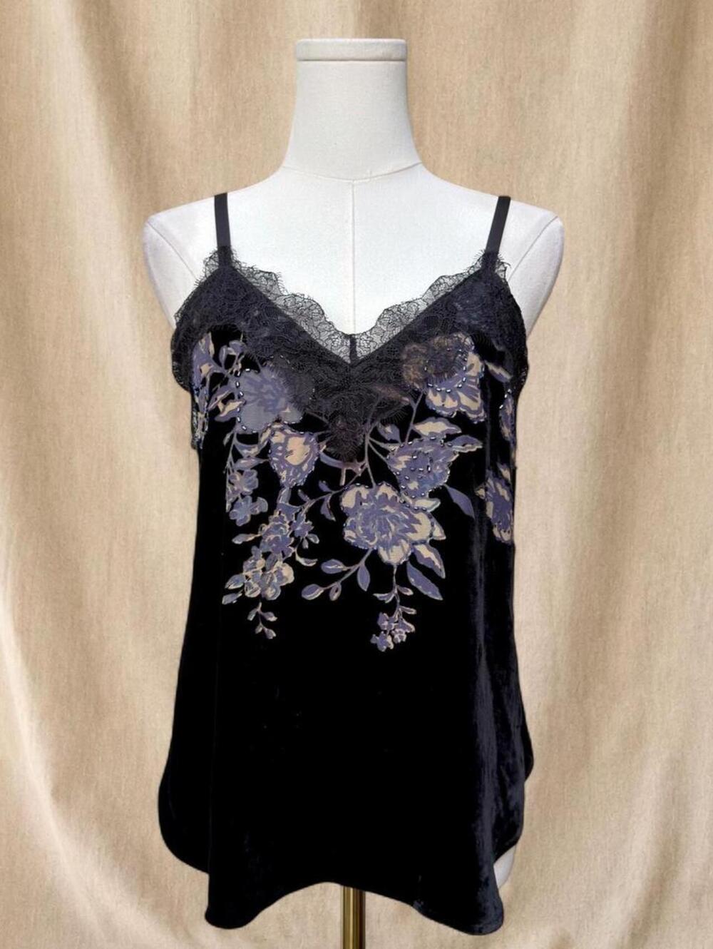 Hale Bob black velvet silk top with purple floral embroidery and lace trim